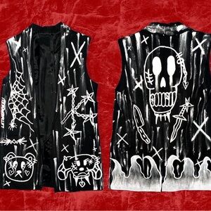 Black & White Hand-Painted Skull Graphic Vest